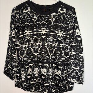J.CREW Blurred Ikat Top Women's 0 Black Ivory 3/4 Sleeve B4735 Zip Wool Collar